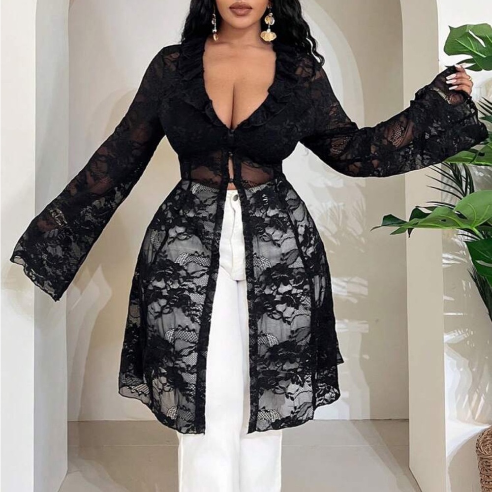 Boho Plus Size Sheer Mesh Lace Sexy Minimalist Long Flare Sleeve Thin Jacket